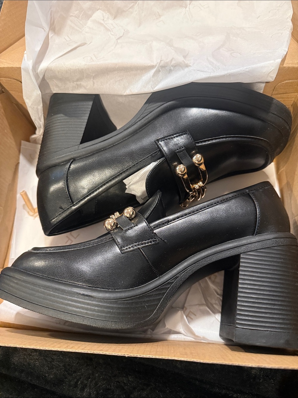 JustFab Black Platform Loafer Heels with Gold Accent